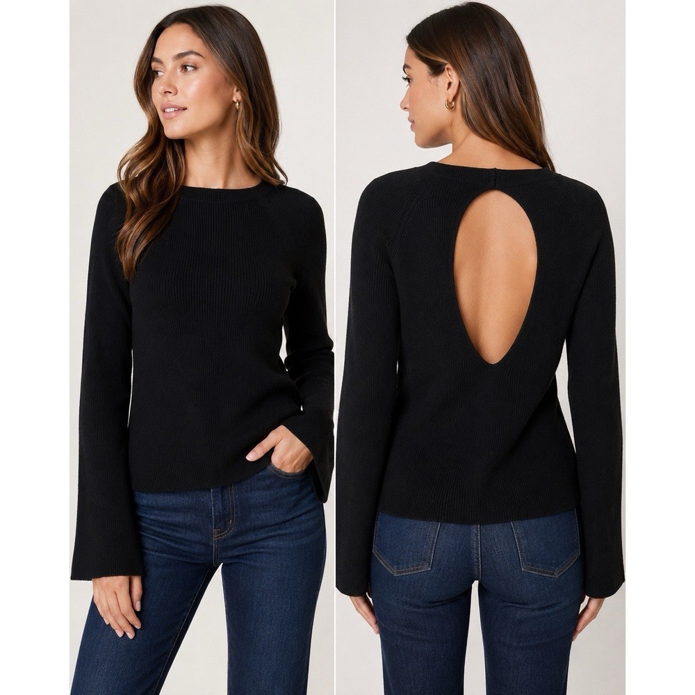 Banana Republic Open Back Black Rib Knit Cotton Sweater‎ Medium NWT Chic